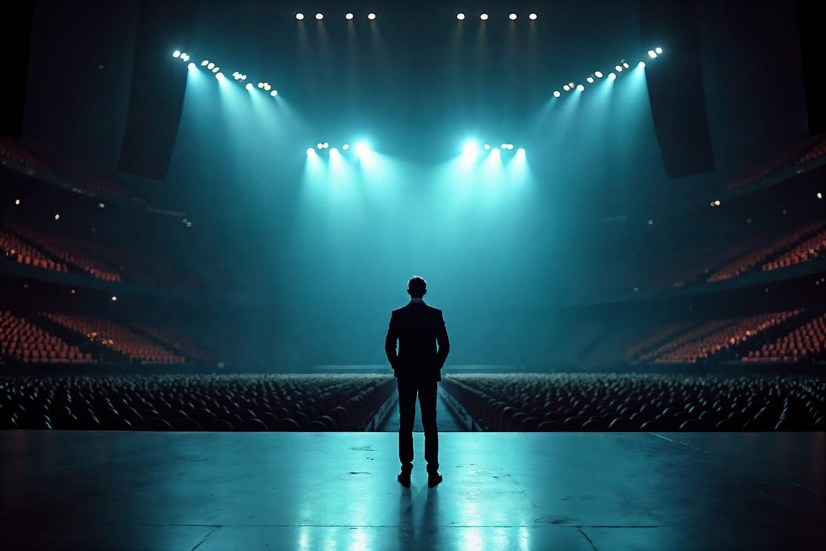Lone figure in a dark suit facing a fully lit stage across an empty arena floor