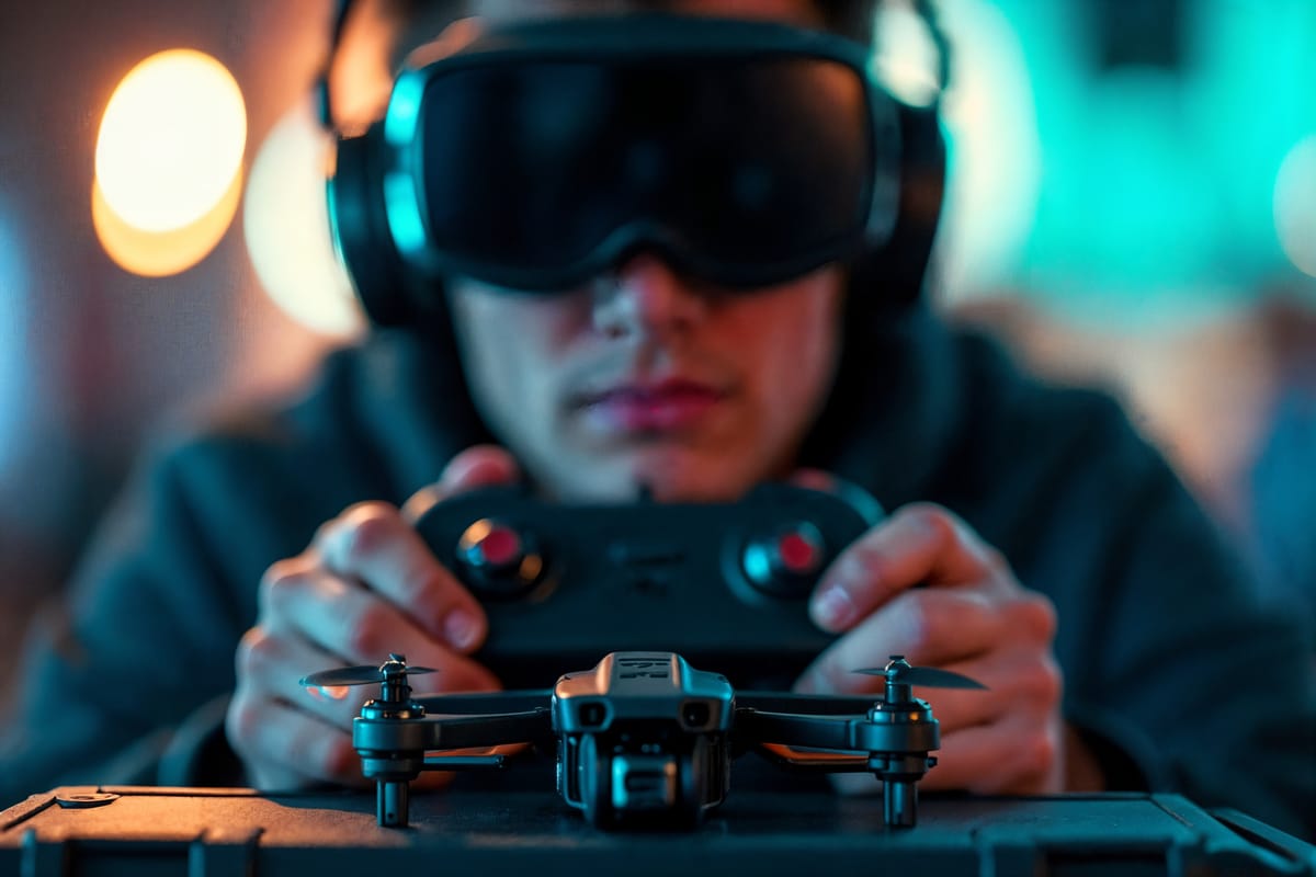 FPV pilot in goggles holding a controller behind a racing drone on a flight case