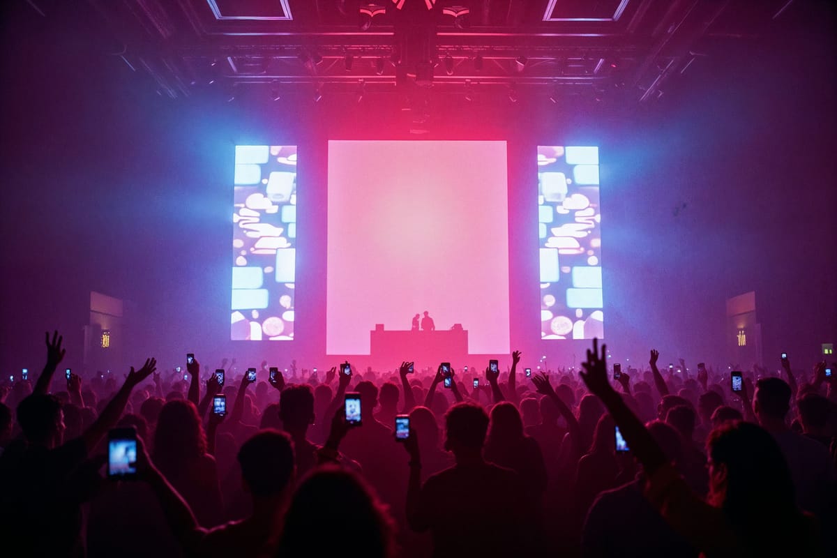 Packed superclub floor with phones raised toward a towering LED wall in magenta light