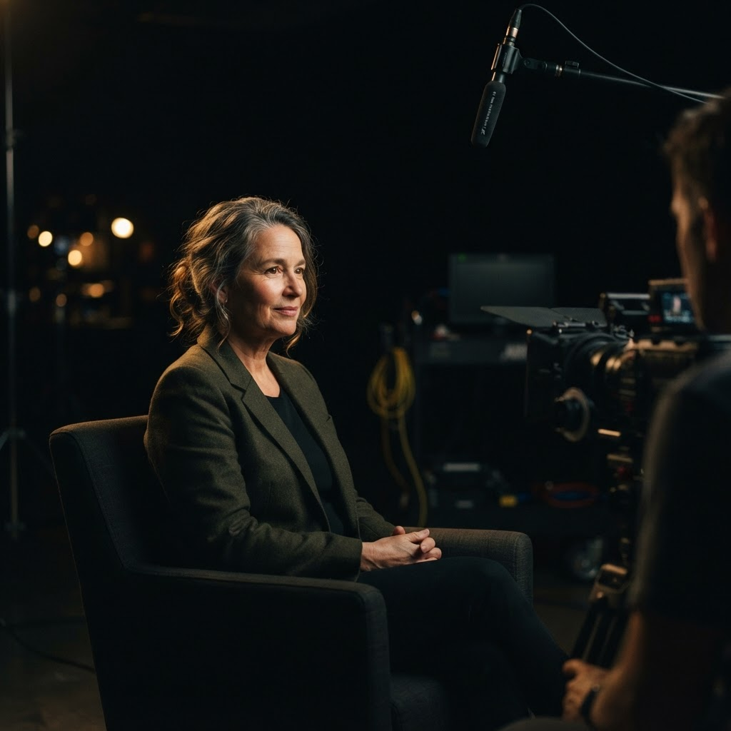 Softly lit sit-down interview setup with a cinema camera at the edge of frame