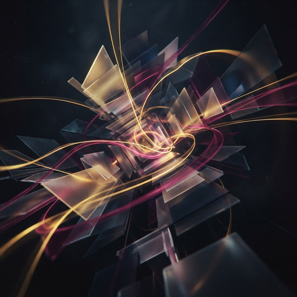 Layered translucent planes and flowing light ribbons suggesting a motion system