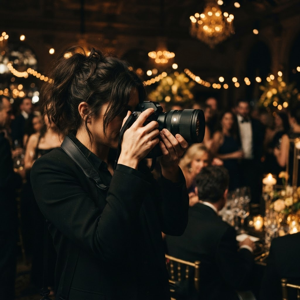 Event photographer raising a DSLR at an upscale evening event