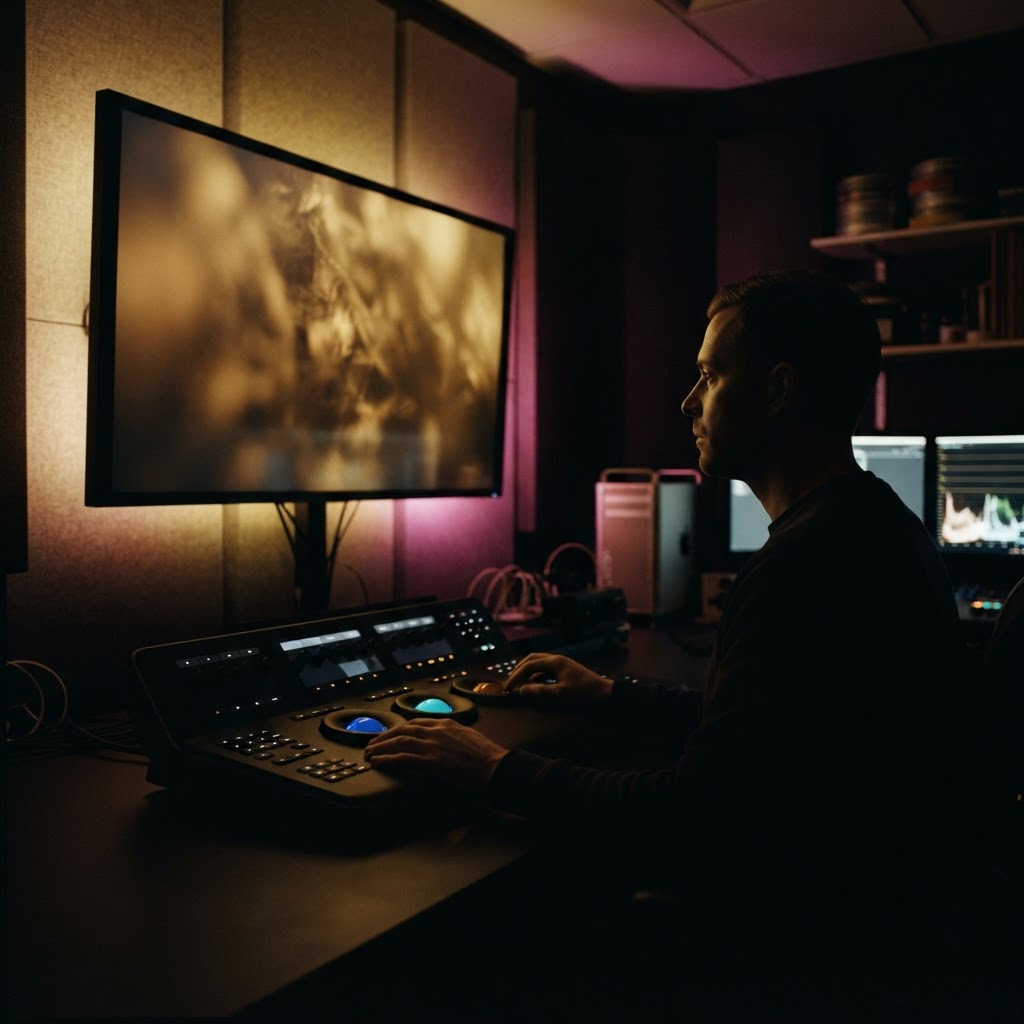 Colourist silhouetted at a grading suite with illuminated control surface