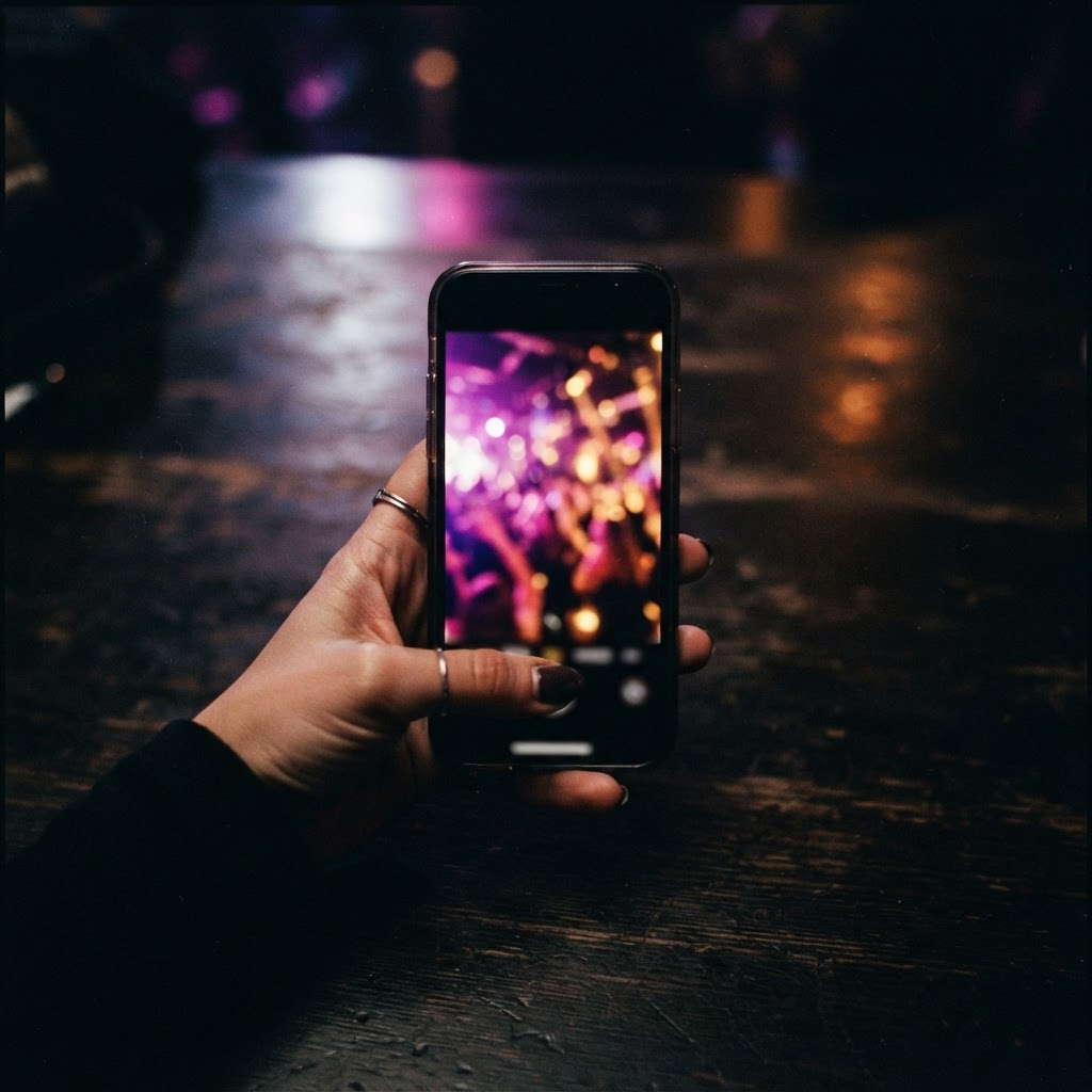 Hand holding a phone vertically, screen glowing with a blurred nightclub scene