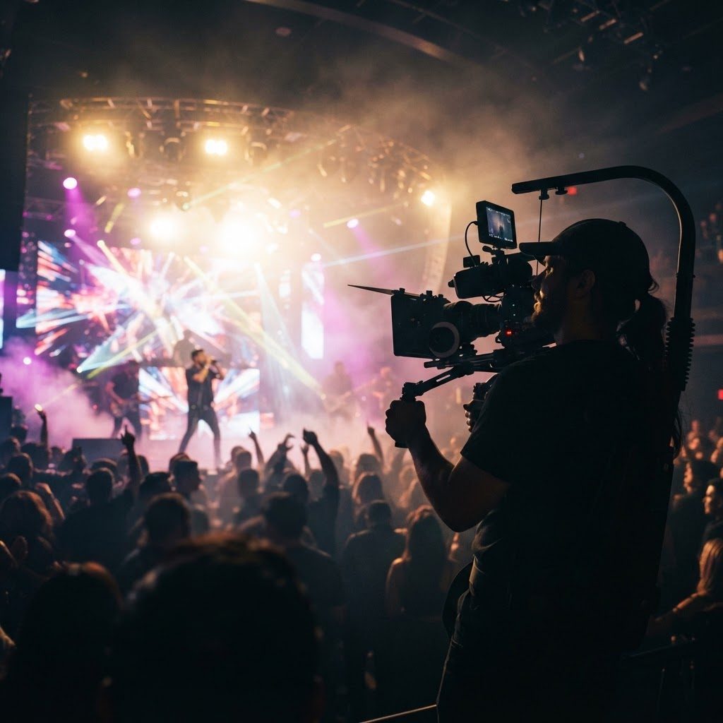 Camera operator shouldering a cinema camera toward a lit Las Vegas stage