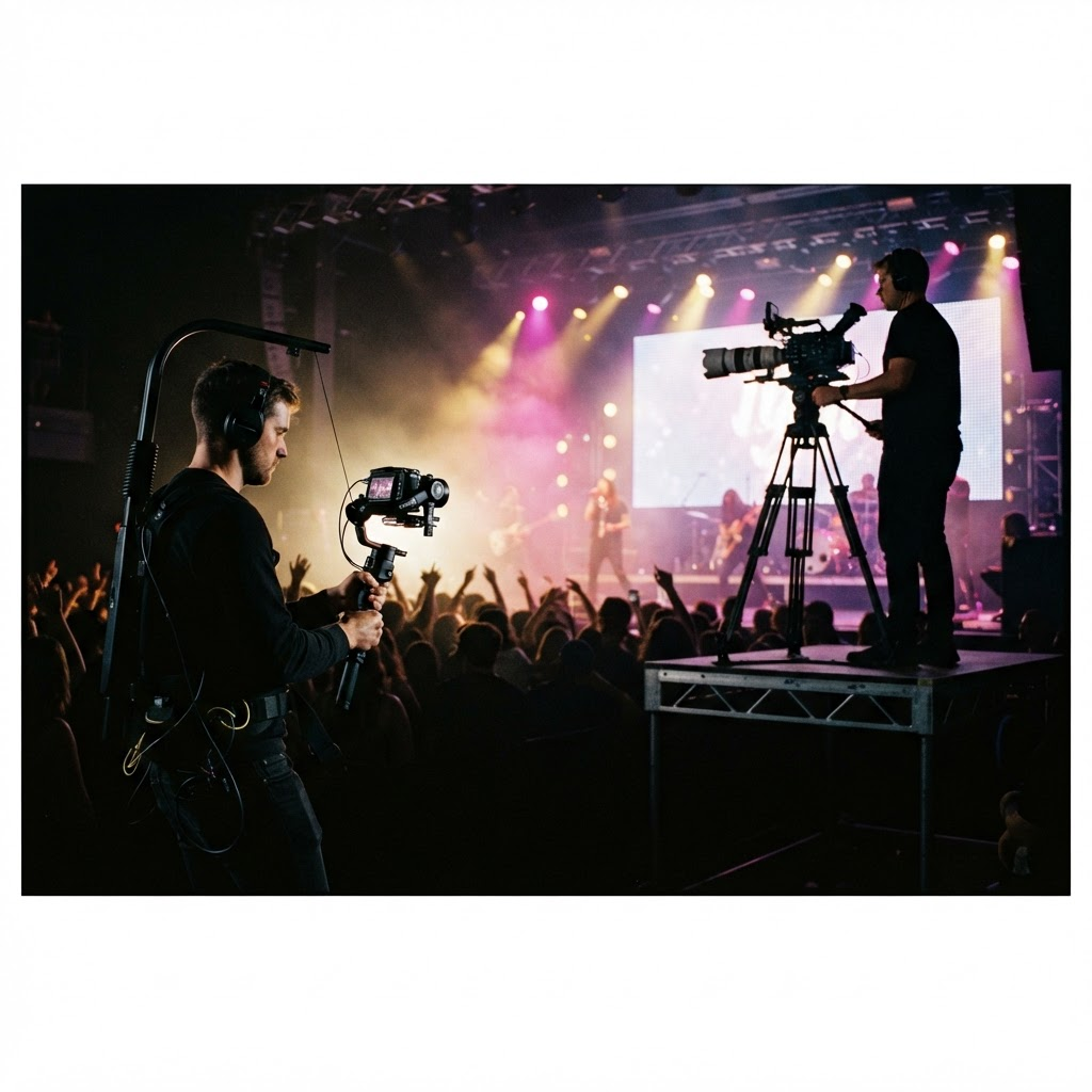 Two camera operators covering the same event from a gimbal and a locked-off riser