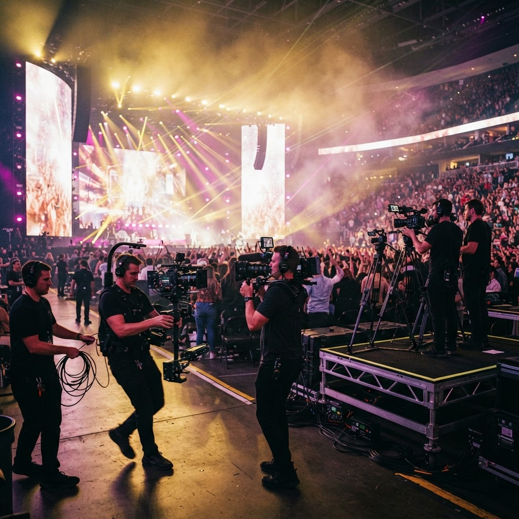 Full film crew covering a large-scale event under enormous LED walls