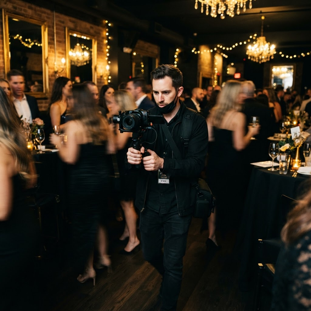 Single videographer moving through a dim venue with a gimbal-stabilised camera