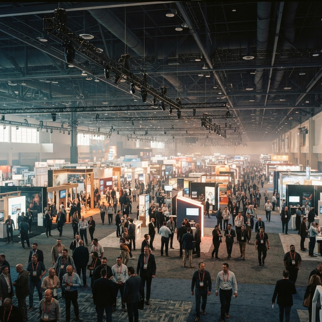 Large convention trade-show floor with illuminated exhibit booths and lighting truss