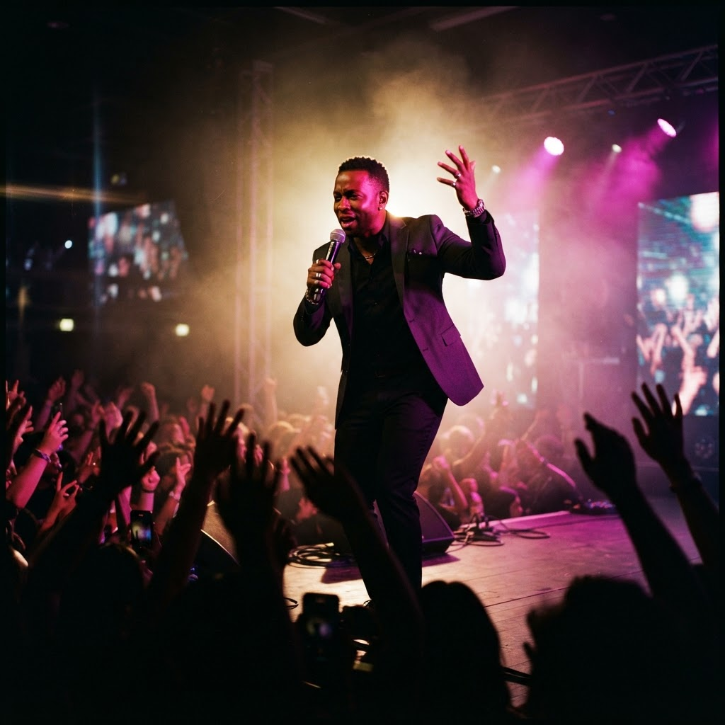 Professional emcee on stage with a handheld microphone under magenta stage lighting