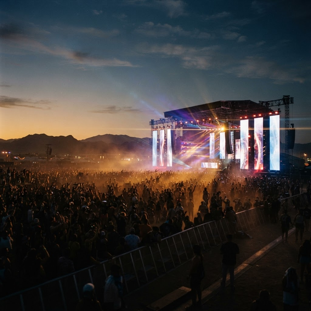 Massive outdoor festival mainstage with LED panels and a vast silhouetted crowd