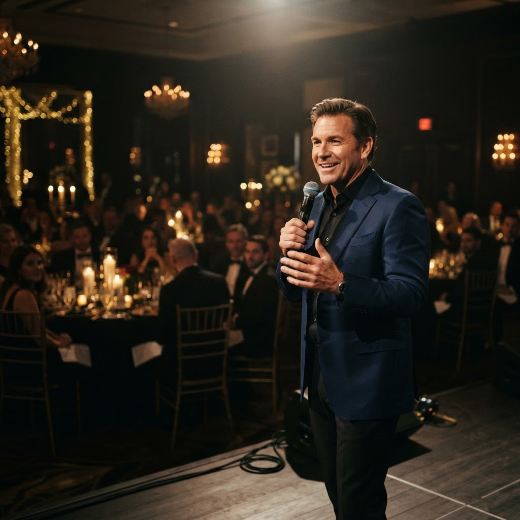 Event host addressing guests with a microphone under a warm spotlight