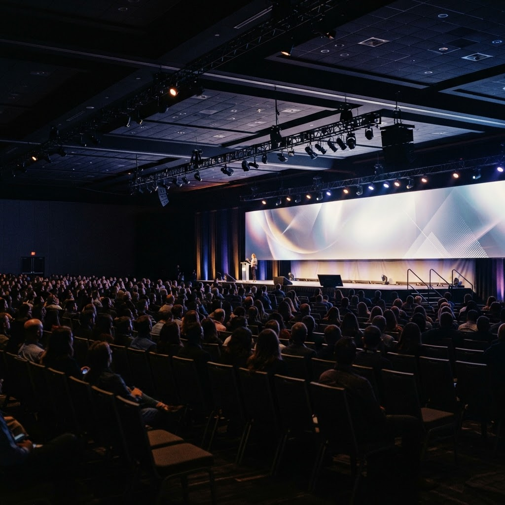 Corporate general session in a ballroom with a speaker on a wide stage