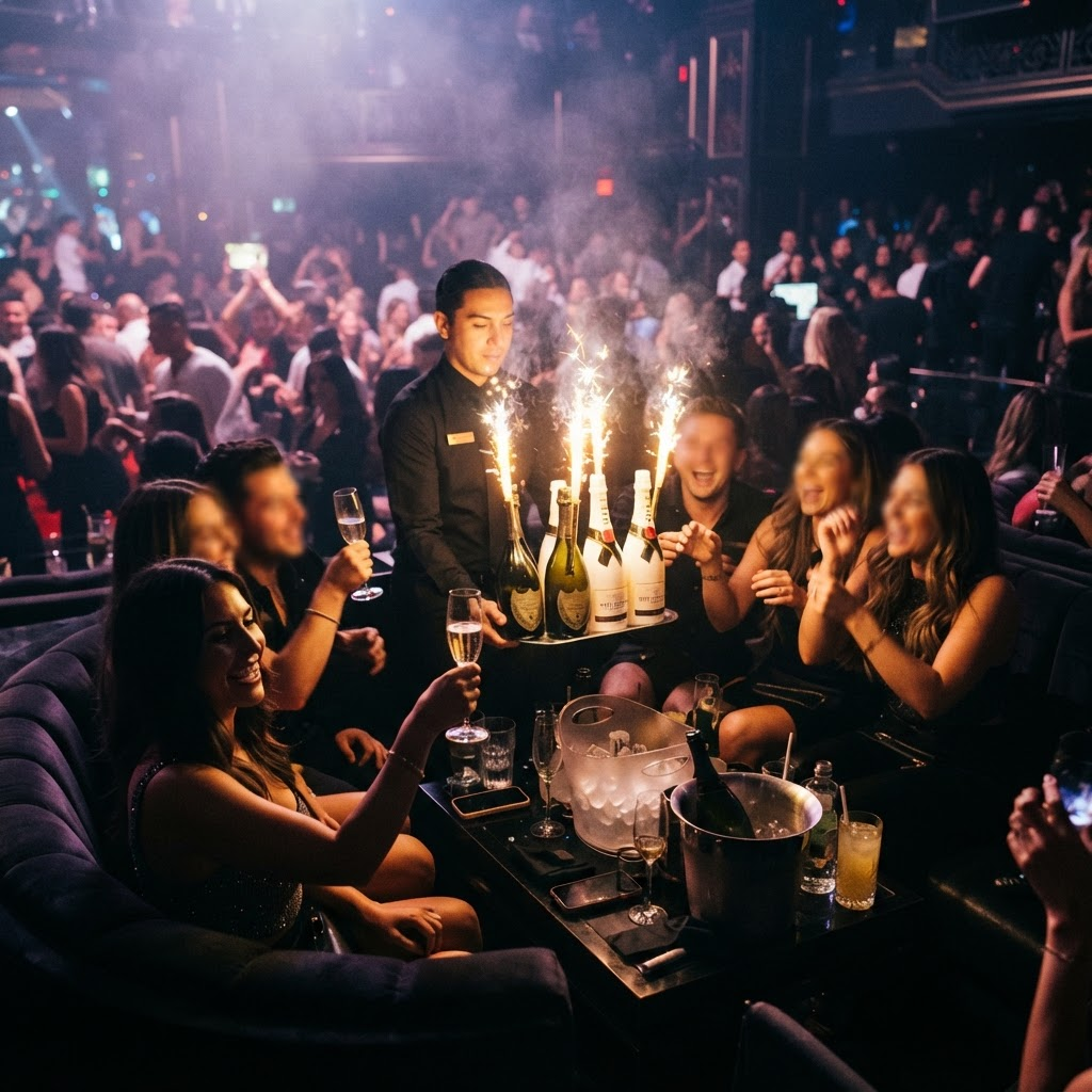 Private VIP nightclub table with sparkler bottle presentation and celebrating guests