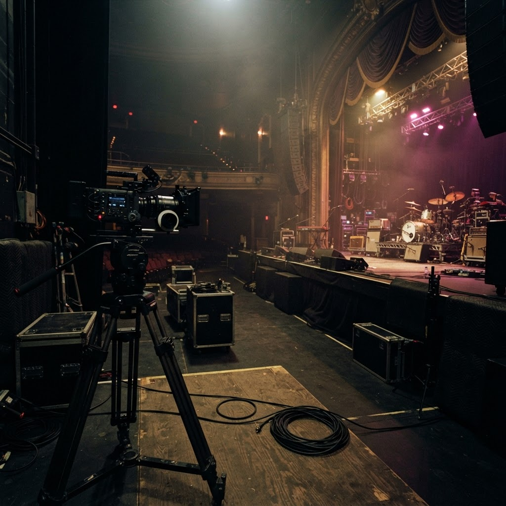 Recurring show stage seen from the wings with a locked-off camera in the foreground