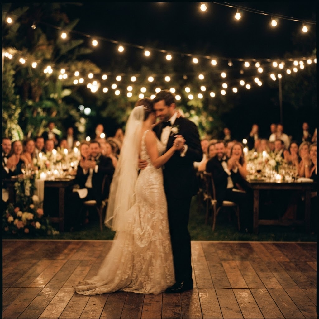 Couple sharing a first dance under warm string lights at an evening reception