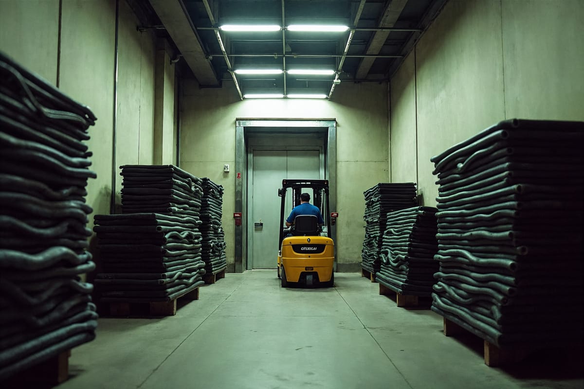 Forklift moving stacked freight down a fluorescent-lit loading corridor