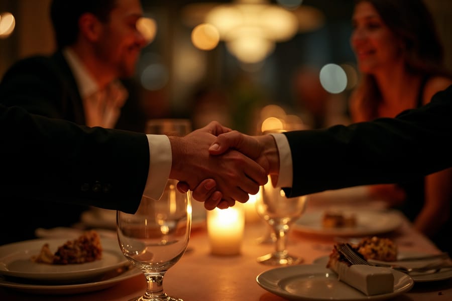 Executives shaking hands across a candlelit private dining table