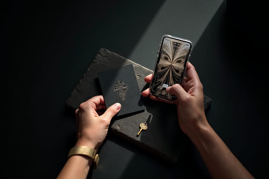 Hands holding a phone beside an embossed black invitation card and a brass key on dark stone