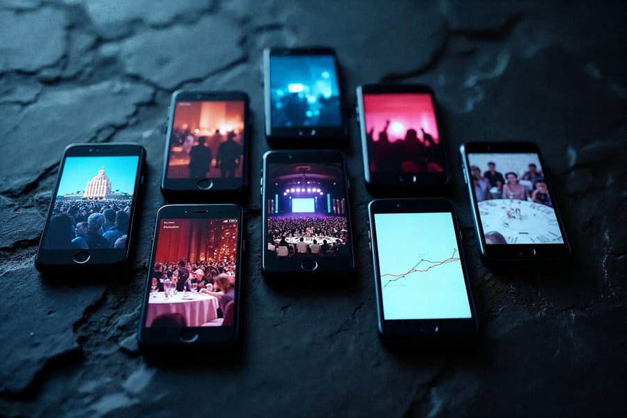 Overhead fan of phones each playing a different event clip, one showing a rising chart