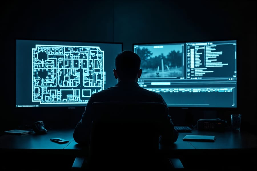 Editor reviewing event footage on studio monitors in a darkened suite
