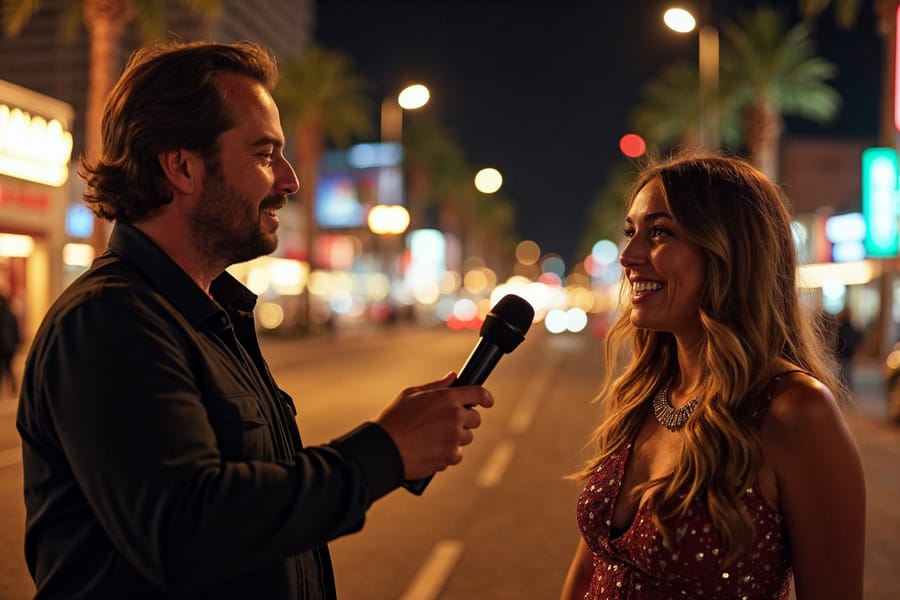 Creator with a handheld mic interviewing a smiling woman on a neon-lit palm-lined boulevard at night