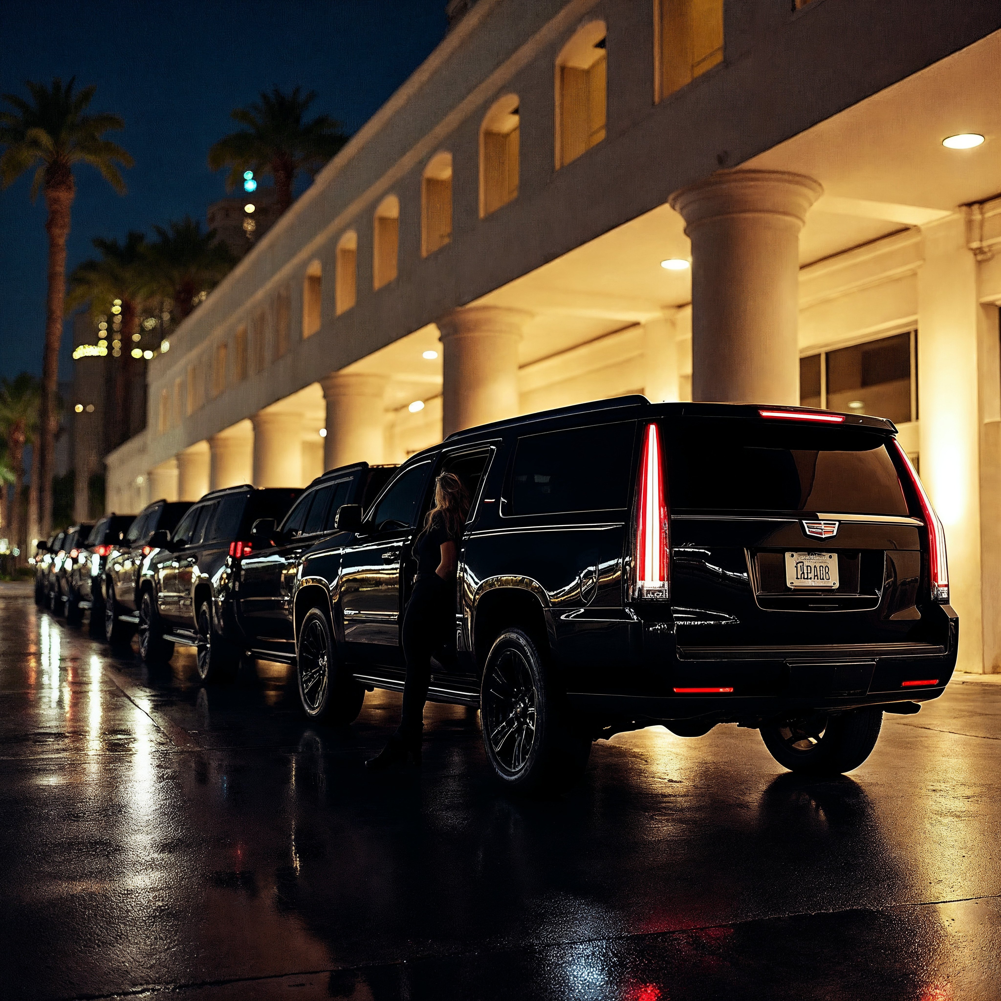 Black SUV waiting under a lit porte-cochere at night