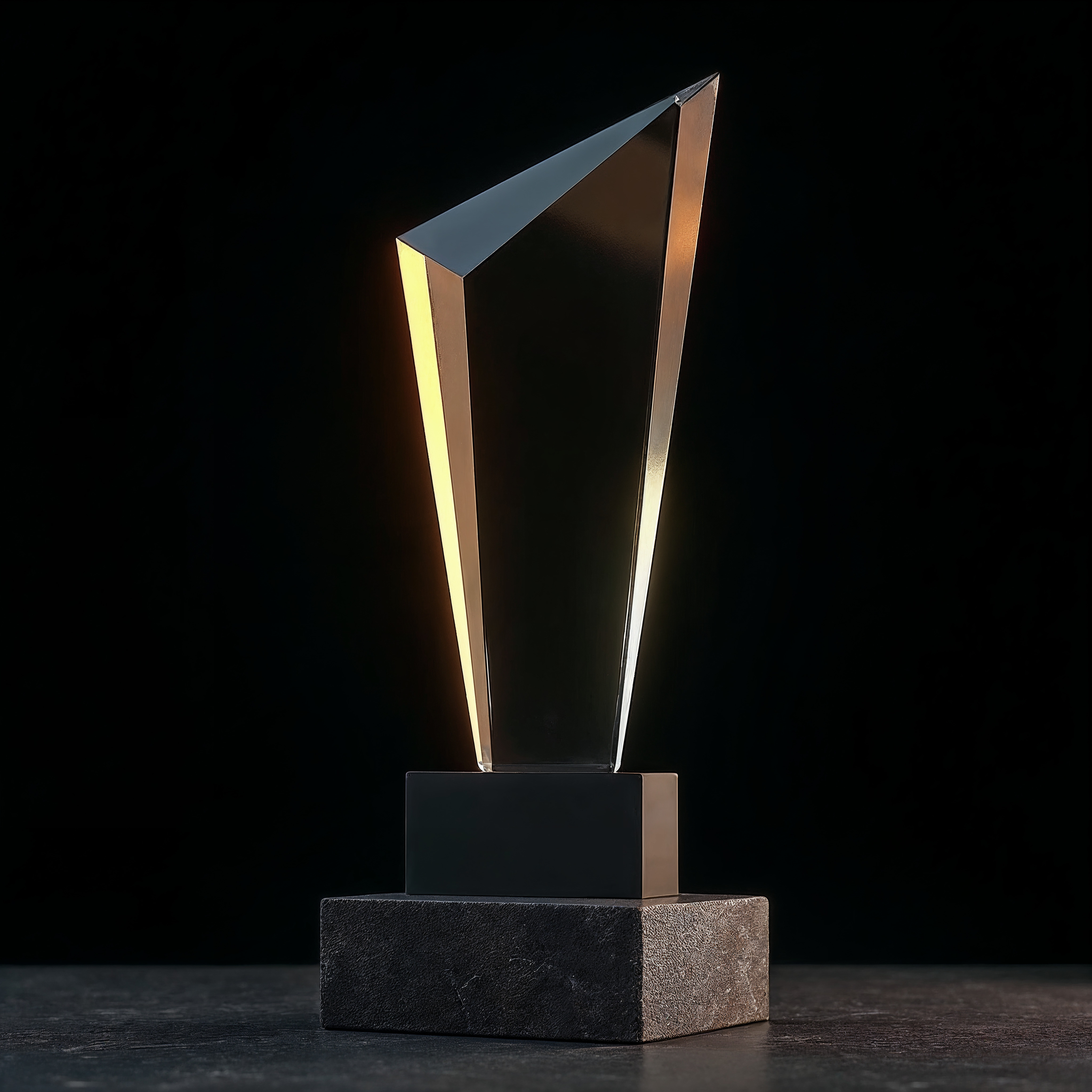 Unbranded crystal award passed between two pairs of hands under a spotlight