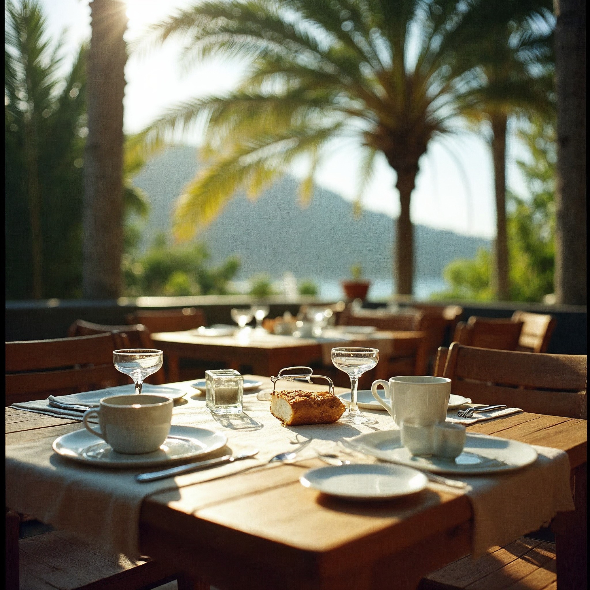Late morning brunch table on a shaded terrace under palm fronds