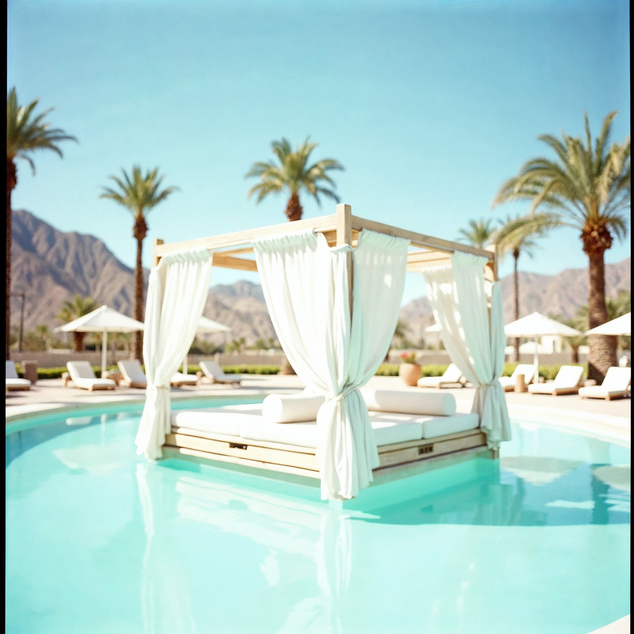 Poolside cabana with linen drapes, palms and bare desert mountains behind