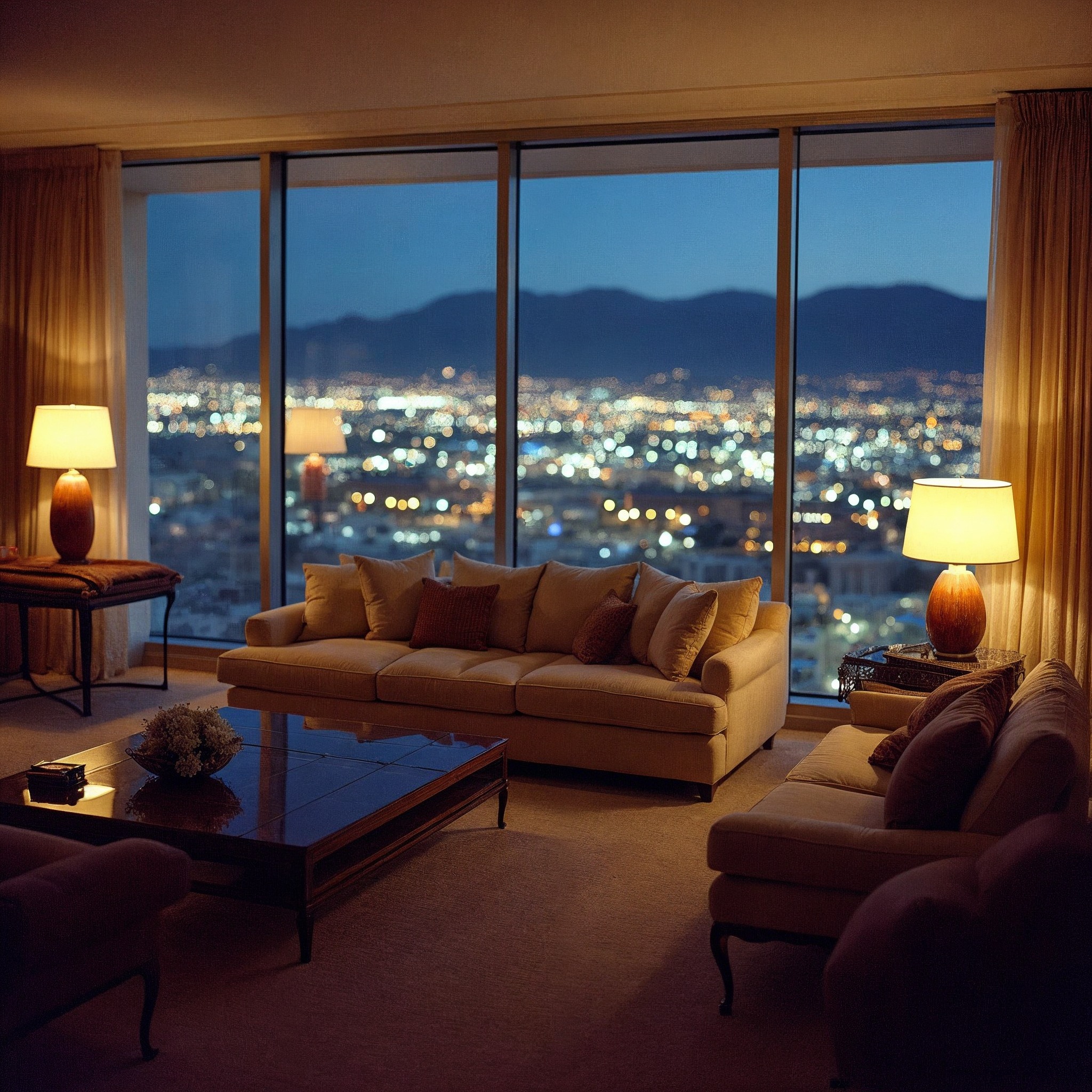High-floor suite living room at dusk with city sprawl and desert ridgeline beyond the glass