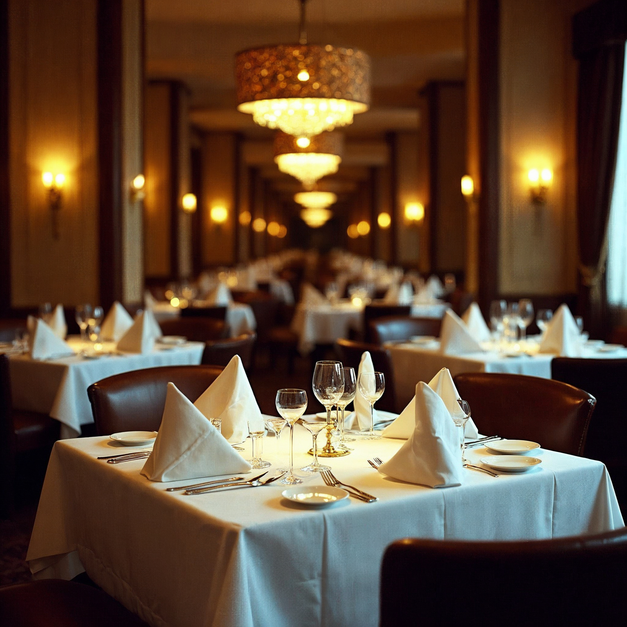 Empty upscale dining room dressed with white linen for a private buyout