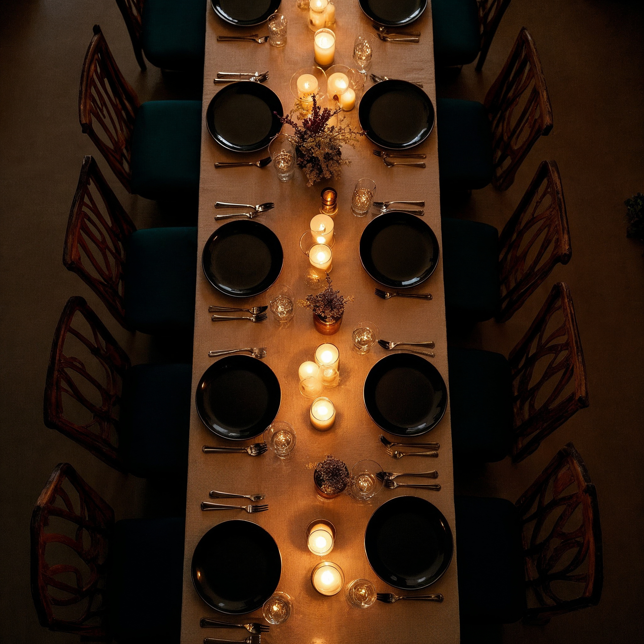 Overhead view of a long table set for sixteen with dark plates and candles