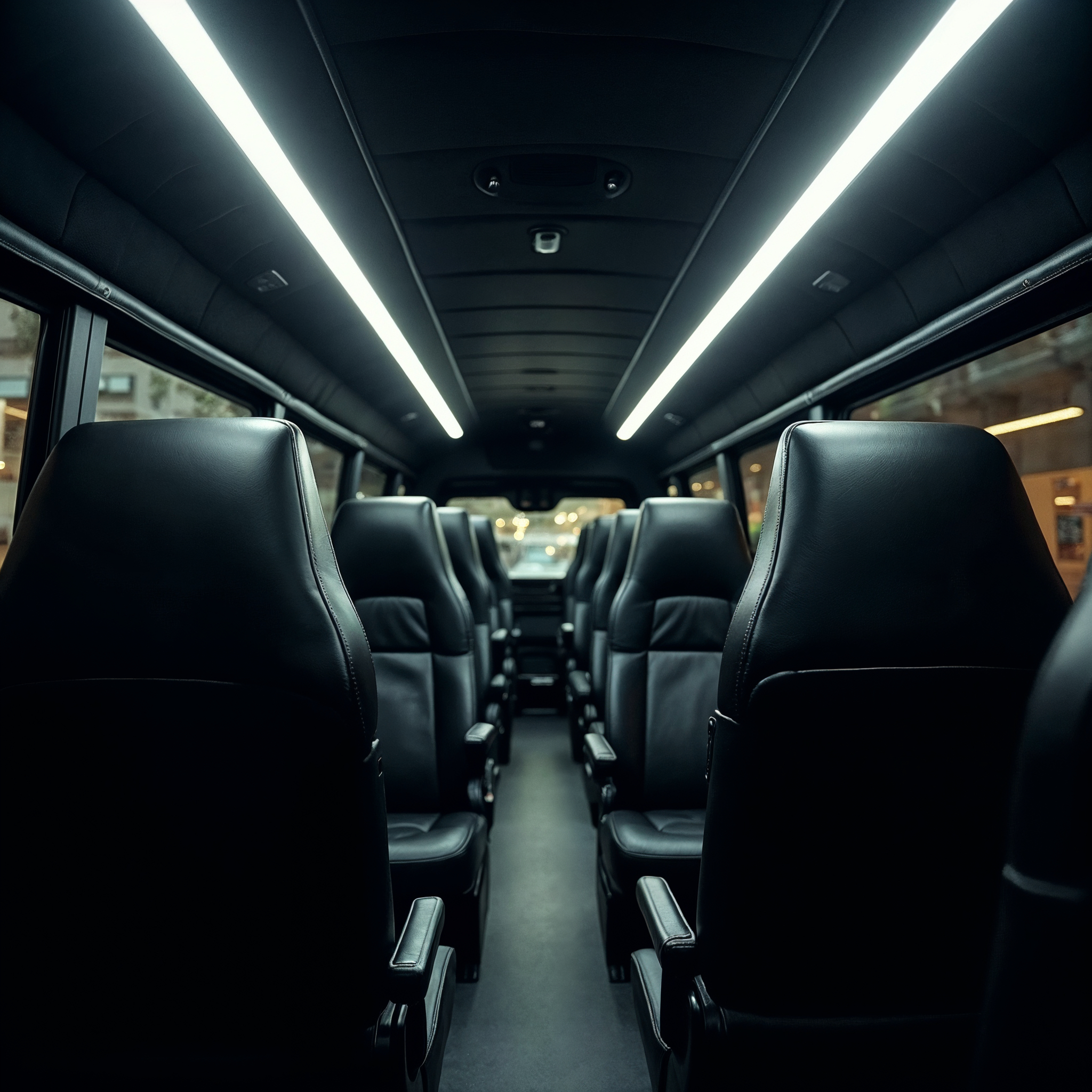 Interior of a black luxury sprinter van with quilted captain chairs